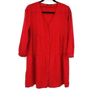 SWEED Paris Red Novelty Print Lightweight Tiered Long Sleeve Shift Dress Medium